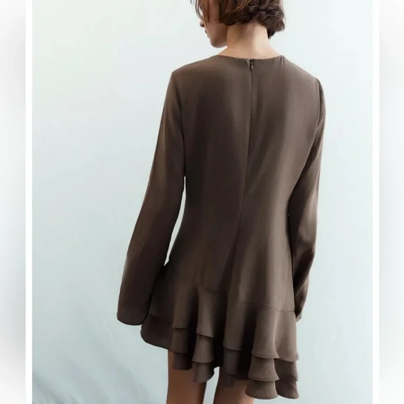 Flowy Ruffled Mini Dress, Chocolate Brown, Zara, M, NWT - Picture 3 of 10